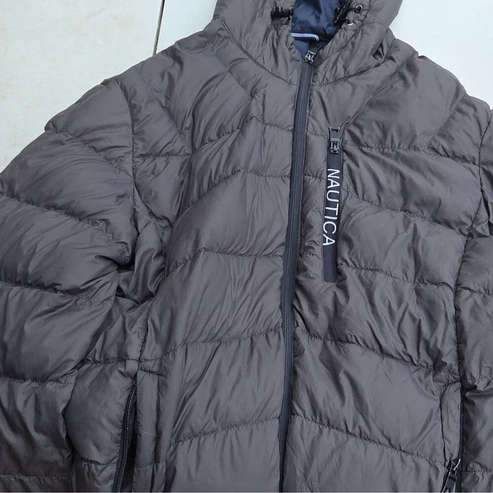 Nautica Men's Gray Quilted Hooded Full Zip Puffer Jacket Size M